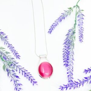 Beautiful Pink Enamel Cabochon Silver Toned Pendant Necklace